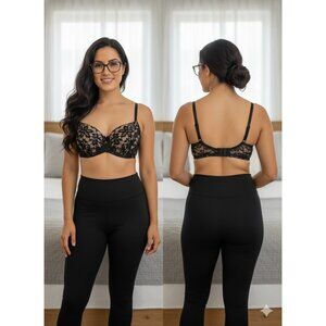 Daisy Fuentes Black Lace Bra 36C Nude Lined Balconette Push-Up Style 385-TOH